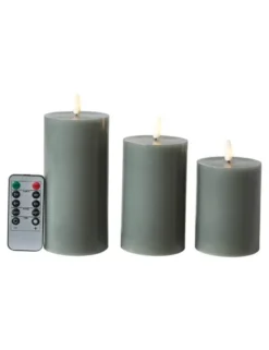 Da'Core LED bloklys 3D flamme 3-pak Ø7,5x10+12,5+15 cm grå/grøn med fjernbetjening