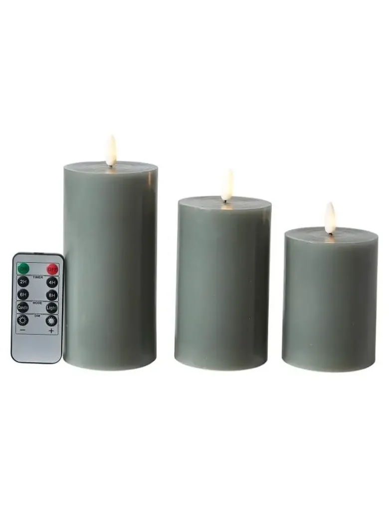 Da'Core LED bloklys 3D flamme 3-pak Ø7,5x10+12,5+15 cm grå/grøn med fjernbetjening