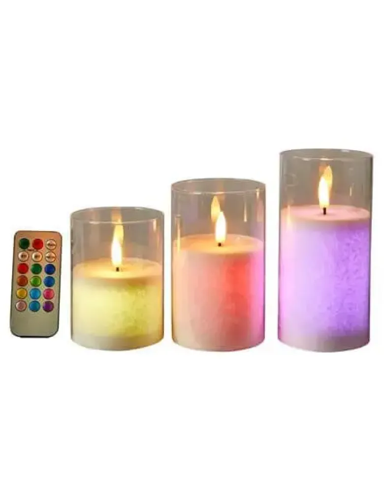 Da'core LED lys i glas med 3D flamme flerfarvet 3-pak