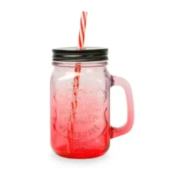 Drikkeglas med låg og sugerør 450 ml. rød