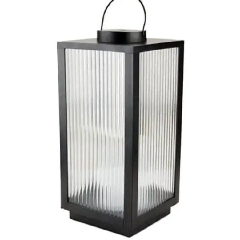 Lanterne med riflet glas og LED bloklys. H28 cm