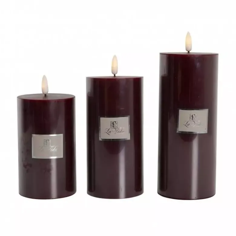 La Vida LED Bloklys m. statisk flamme - Mørk rød H12,5xØ7,4 cm