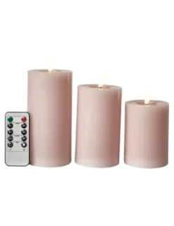 LED bloklys flad top 3-pak D7,5x10/12,5/15 fjernbetjening rosa