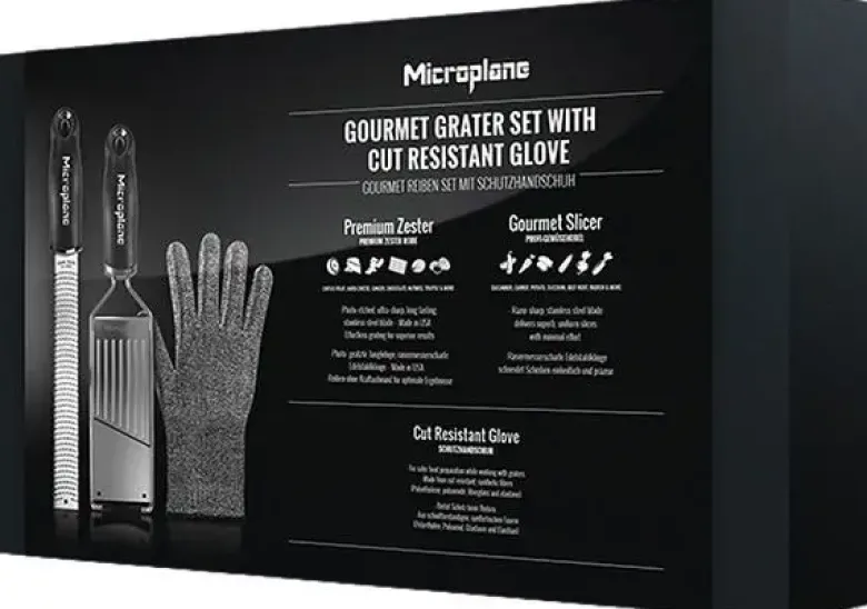 Microplane Rivejern Gavesæt - Premium Zester + Gourmet Slicer + Skæreresistent handske